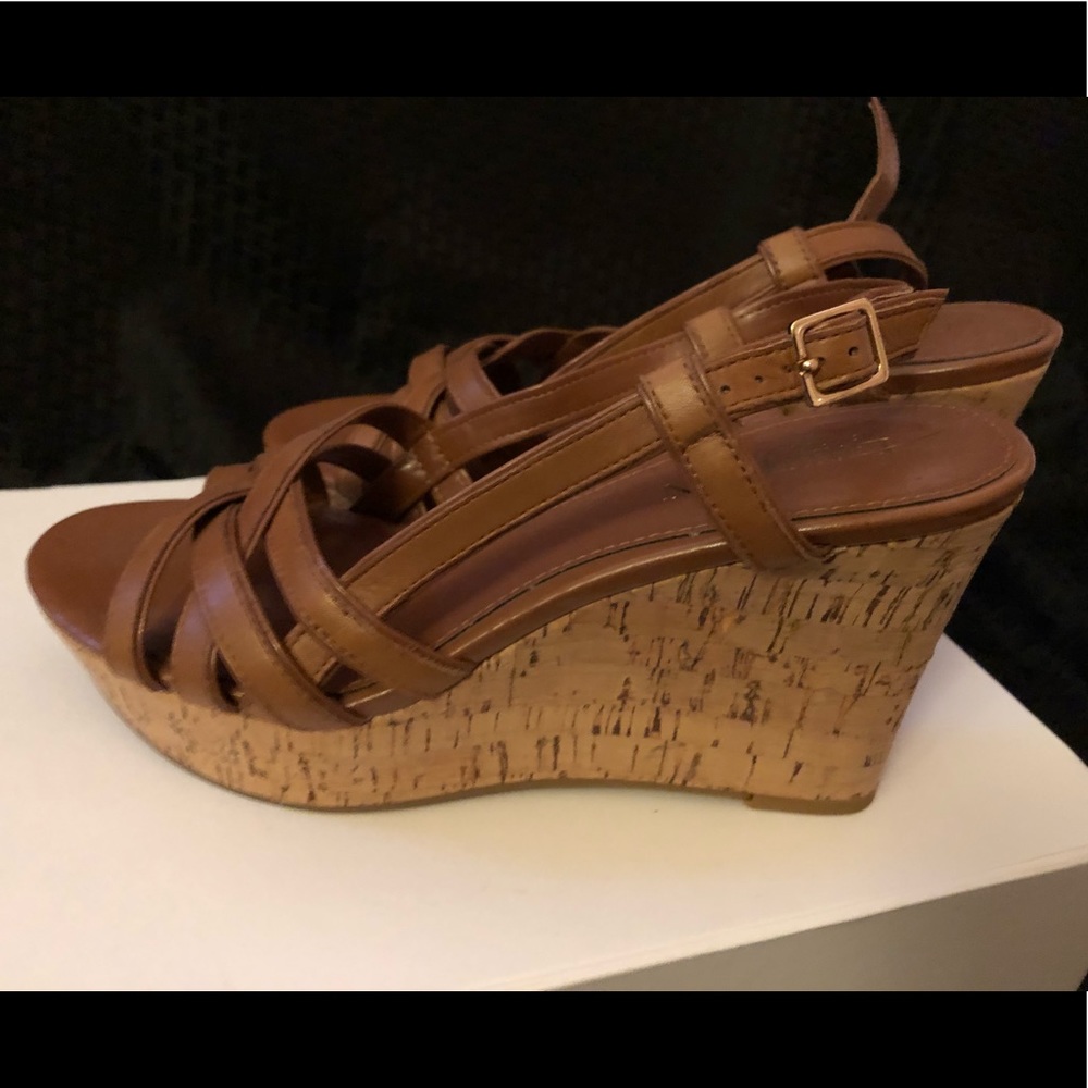 Ralph Lauren brown wedge sandals with strap.